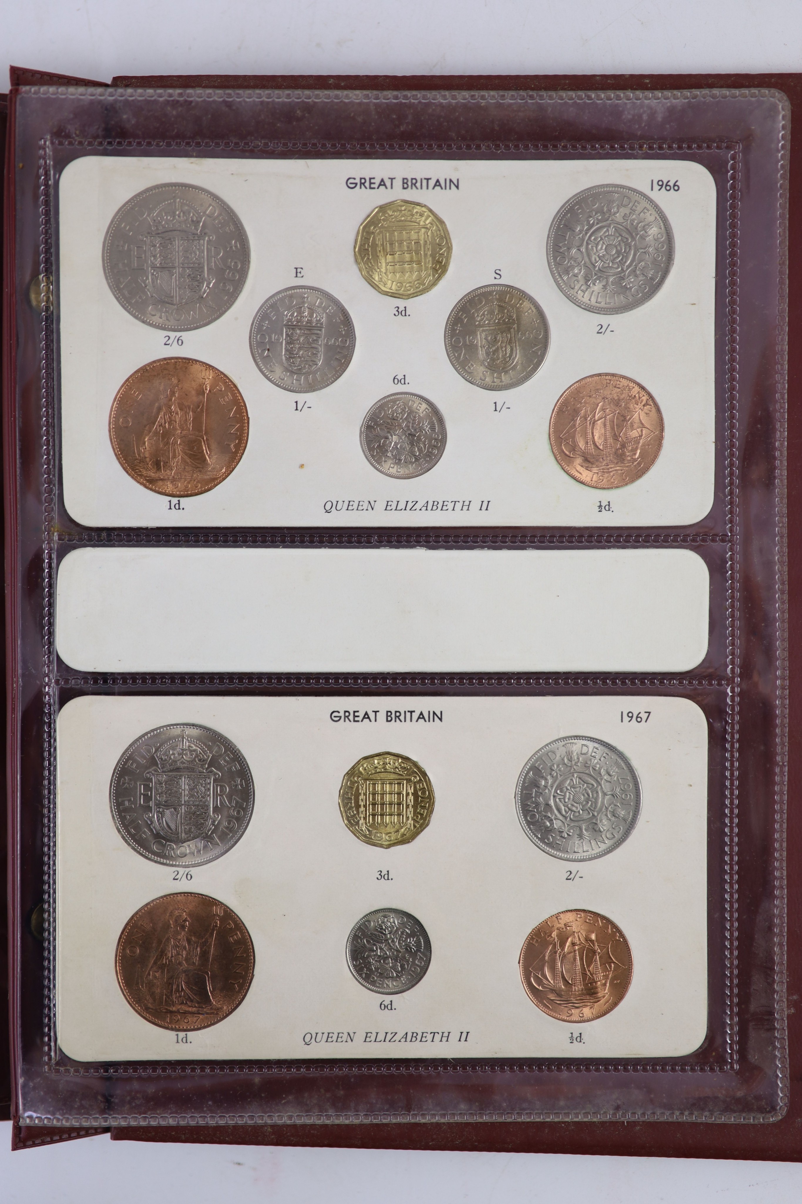 Queen Elizabeth II pre-decimal specimen coin sets for 1953 - 1967, first and second issues, all EF/UNC (15 sets), including 1954, 1957-1959 halfcrowns, florins and shillings, scarce in high grade